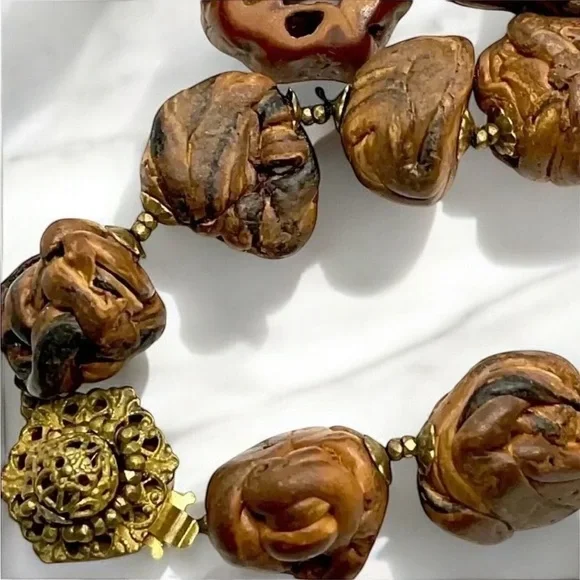 Vintage Miriam Haskell Organic Clay + Shell Walnut Nut Bead Necklace - Picture 3 of 6